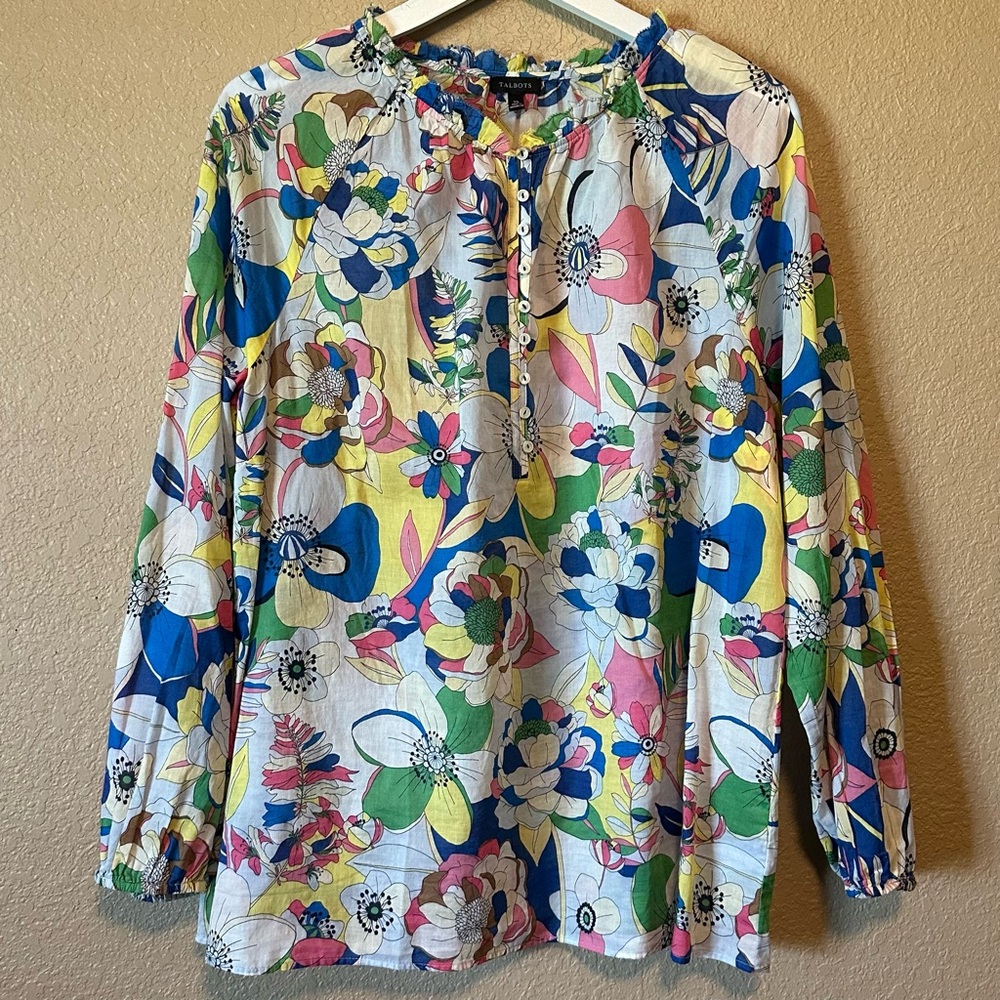 Talbots XL Cotton Lightweight Floral Blouse 1/4 Button Front Ruffle Neckline